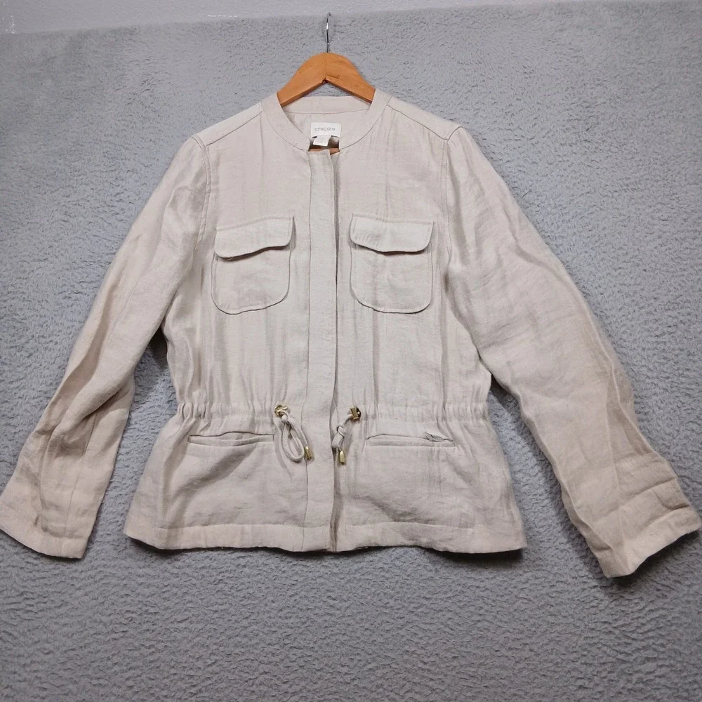 Chico's Utility Jacket Women's Size 1‎ Beige Drawstring Waist Zip Front